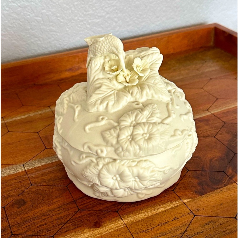 Vintage White Bisque Ceramic Trinket Box with Flowers and Bird